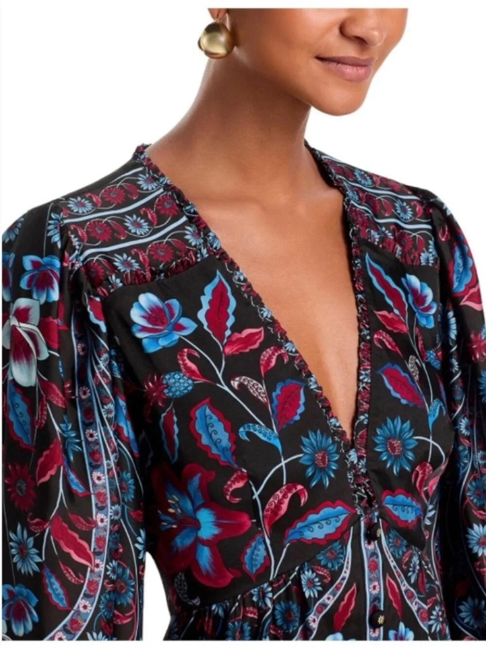 Farm Rio Marcelle Long Sleeve Blue/Black Mini Dress Medium NWT